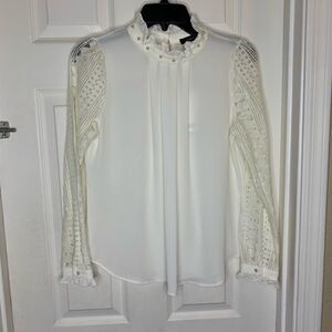 Lumie Off White Sheer Top, Lace Sleeves, Bead Neck